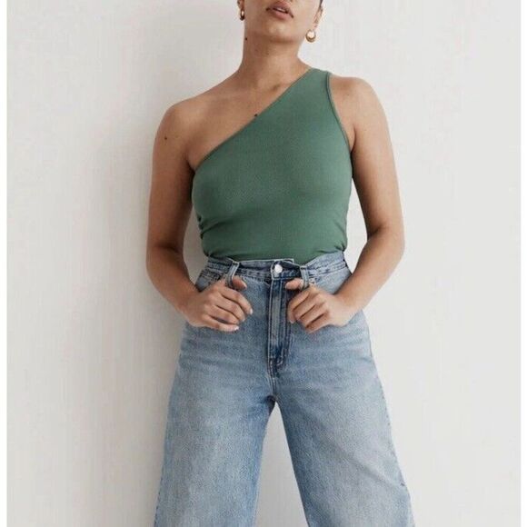 MADEWELL Top Women XS Green One-Shoulder Ribbed Tank NEW Stretch NJ772 - Picture 1 of 11
